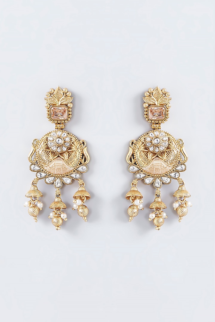 Gold Finish Kundan Polki Dangler Temple Earrings by VASTRAA Jewellery at Pernia's Pop Up Shop