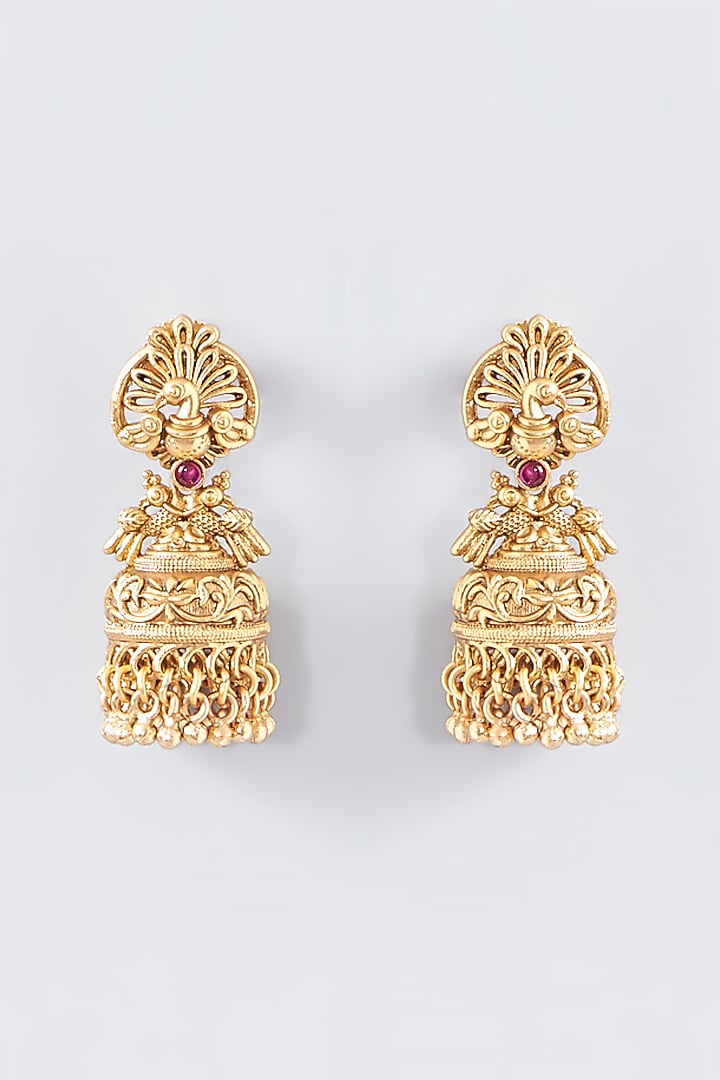 Gold Finish Kundan Polki Temple Jhumka Earrings by VASTRAA Jewellery at Pernia's Pop Up Shop