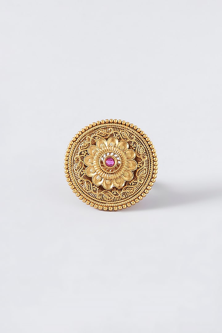 Gold Finish Kundan Polki & Red Stone Temple Ring by VASTRAA Jewellery at Pernia's Pop Up Shop