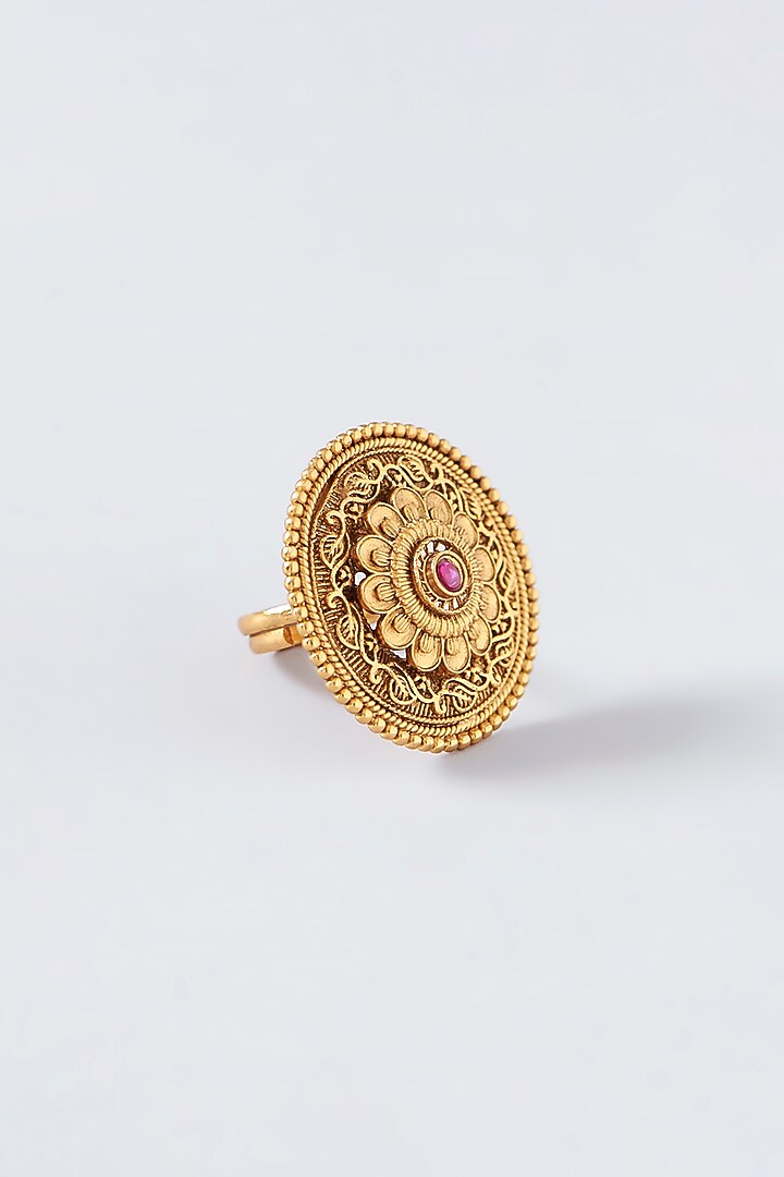 Gold Finish Kundan Polki & Red Stone Temple Ring by VASTRAA Jewellery at Pernia's Pop Up Shop