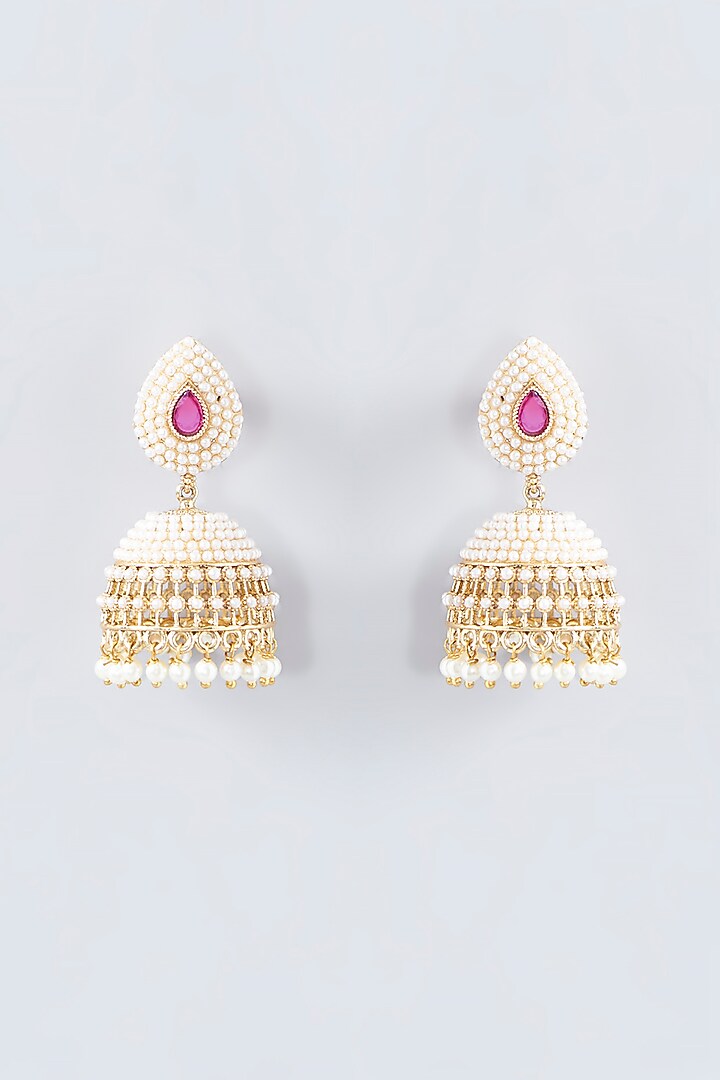 Gold Finish Kundan Polki Temple Jhumka Earrings by VASTRAA Jewellery at Pernia's Pop Up Shop