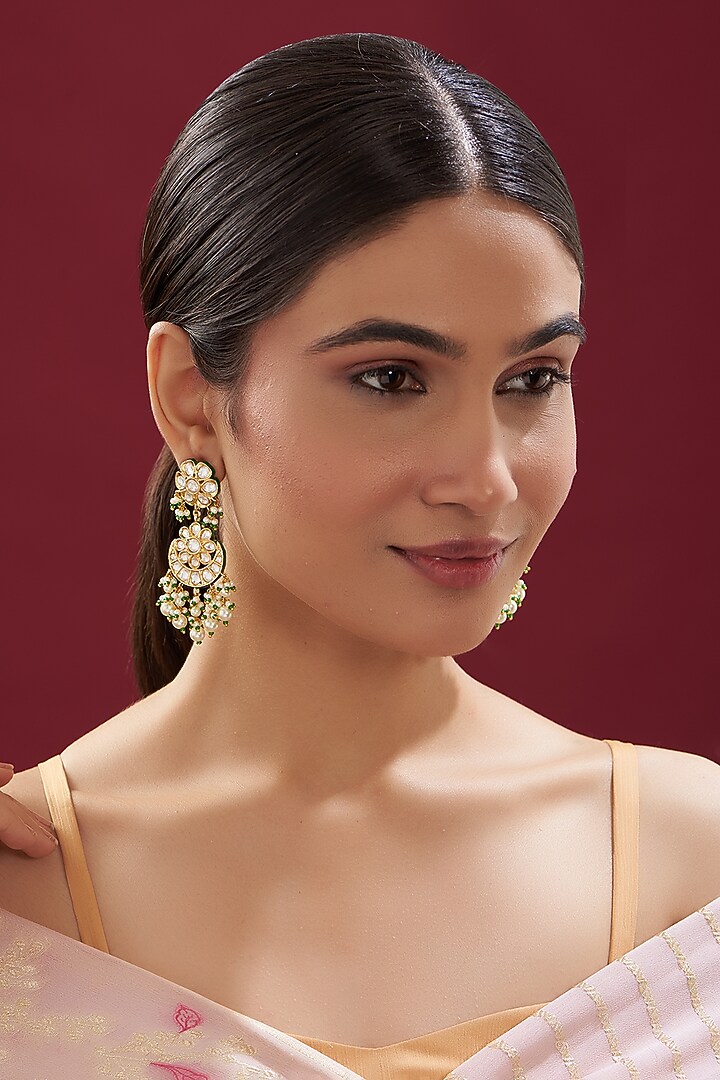 Gold Finish Kundan Polki Chandbali Earrings by VASTRAA Jewellery at Pernia's Pop Up Shop