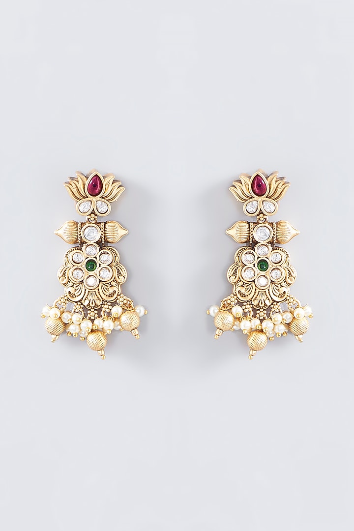 Gold Finish Kundan Polki Dangler Earrings by VASTRAA Jewellery at Pernia's Pop Up Shop