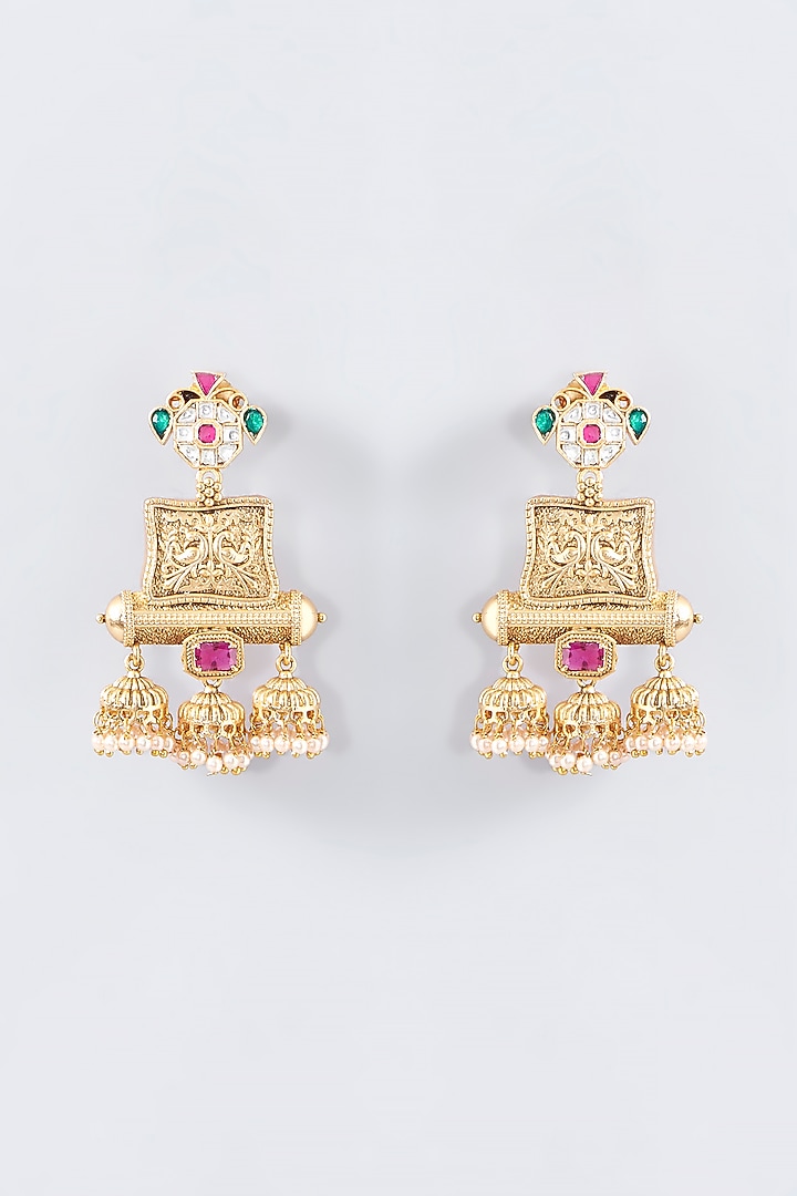 Gold Finish Kundan Polki Temple Dangler Earrings by VASTRAA Jewellery at Pernia's Pop Up Shop