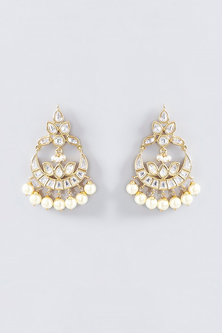 Gold Finish Kundan Polki & Pearl Chandbali Earrings by VASTRAA Jewellery at Pernia's Pop Up Shop