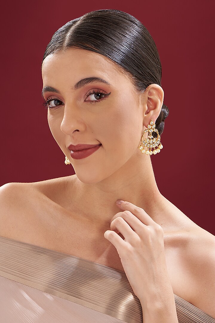 Gold Finish Kundan Polki & Pearl Chandbali Earrings by VASTRAA Jewellery at Pernia's Pop Up Shop