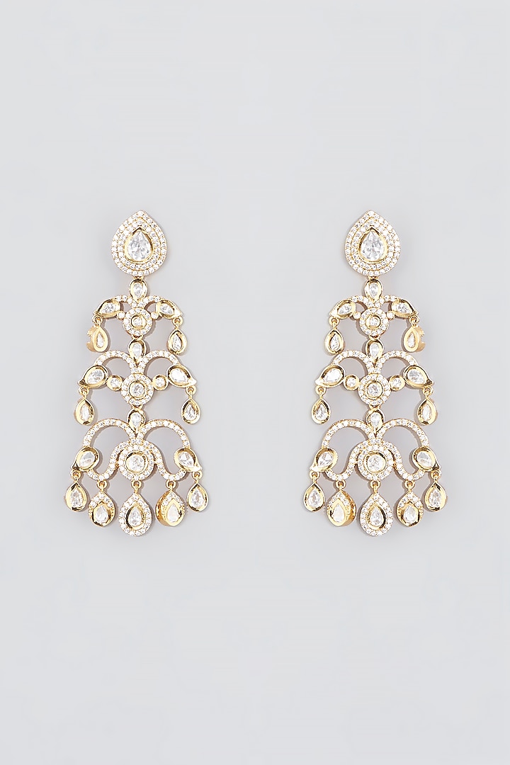 Gold Finish Kundan Polki Dangler Earrings by VASTRAA Jewellery at Pernia's Pop Up Shop