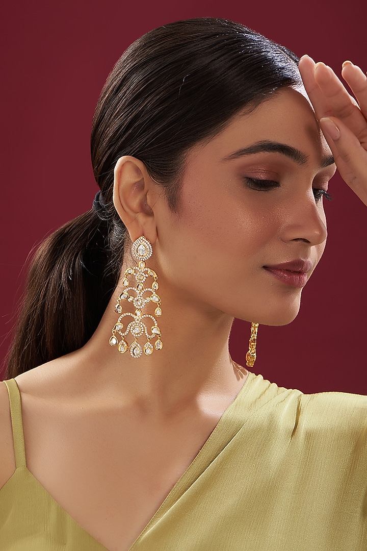 Gold Finish Kundan Polki Dangler Earrings by VASTRAA Jewellery at Pernia's Pop Up Shop