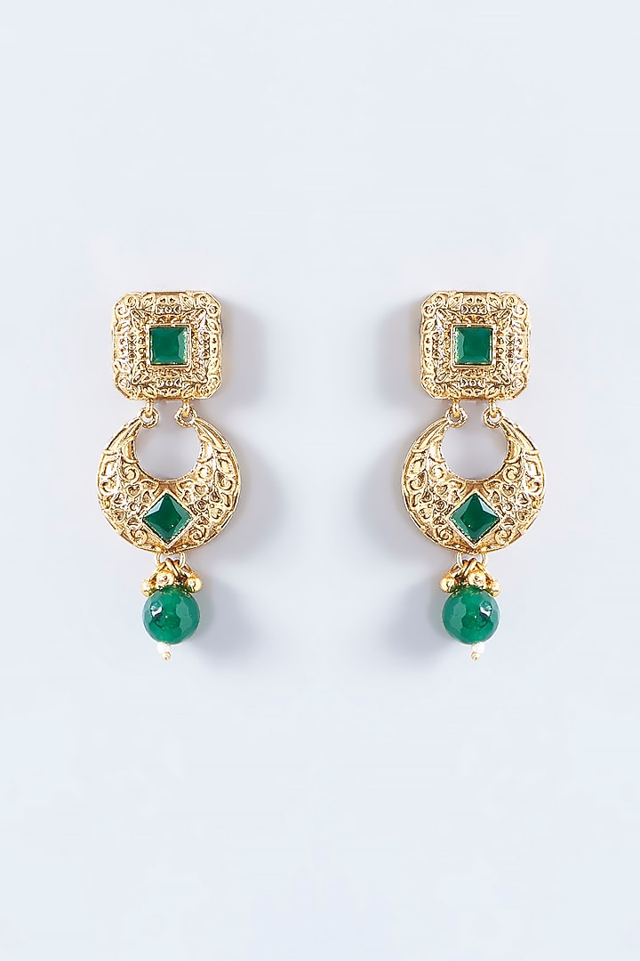 Gold Finish Green Beaded Dangler Earrings by VASTRAA Jewellery at Pernia's Pop Up Shop