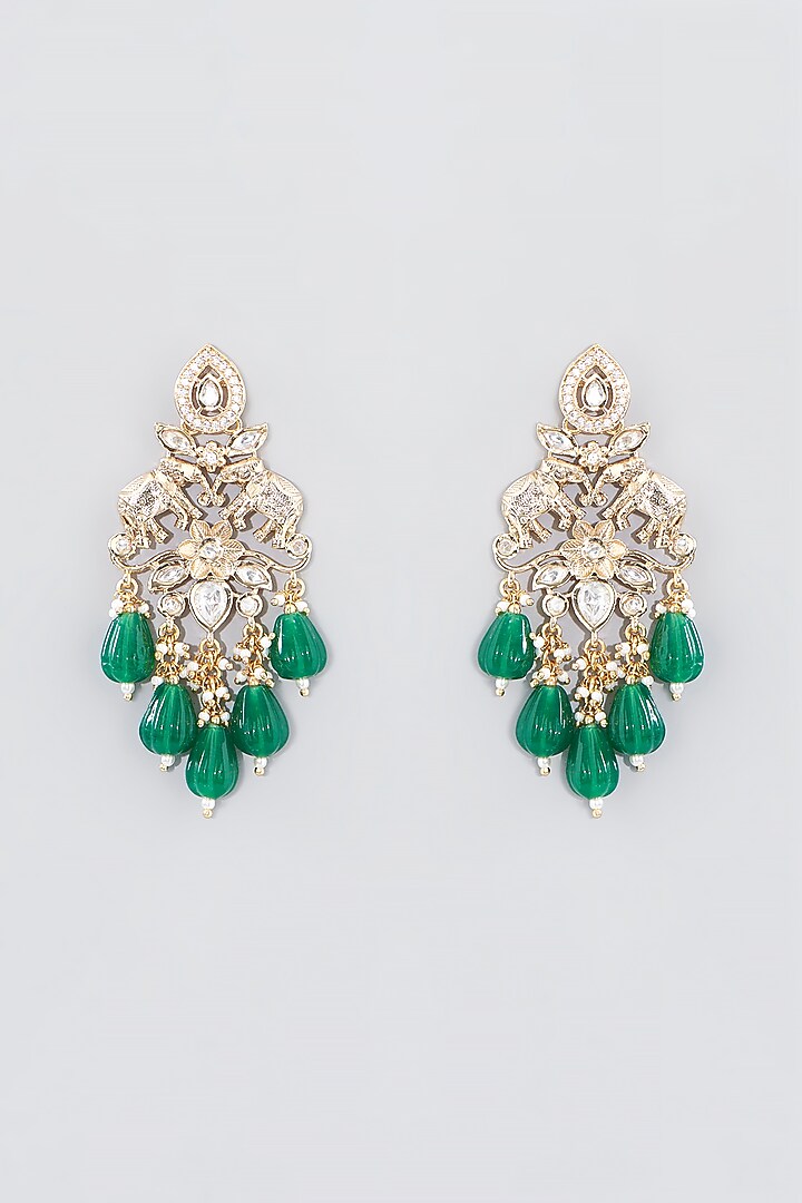 Gold Finish Green Beaded Dangler Earrings by VASTRAA Jewellery at Pernia's Pop Up Shop