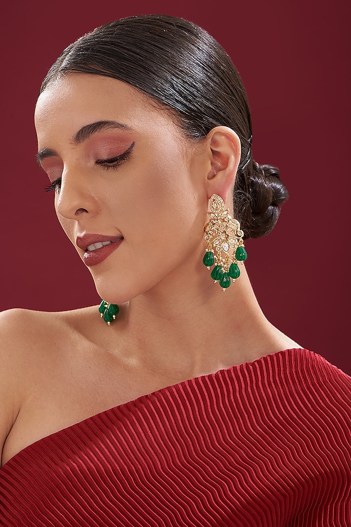 Gold Finish Green Beaded Dangler Earrings by VASTRAA Jewellery at Pernia's Pop Up Shop