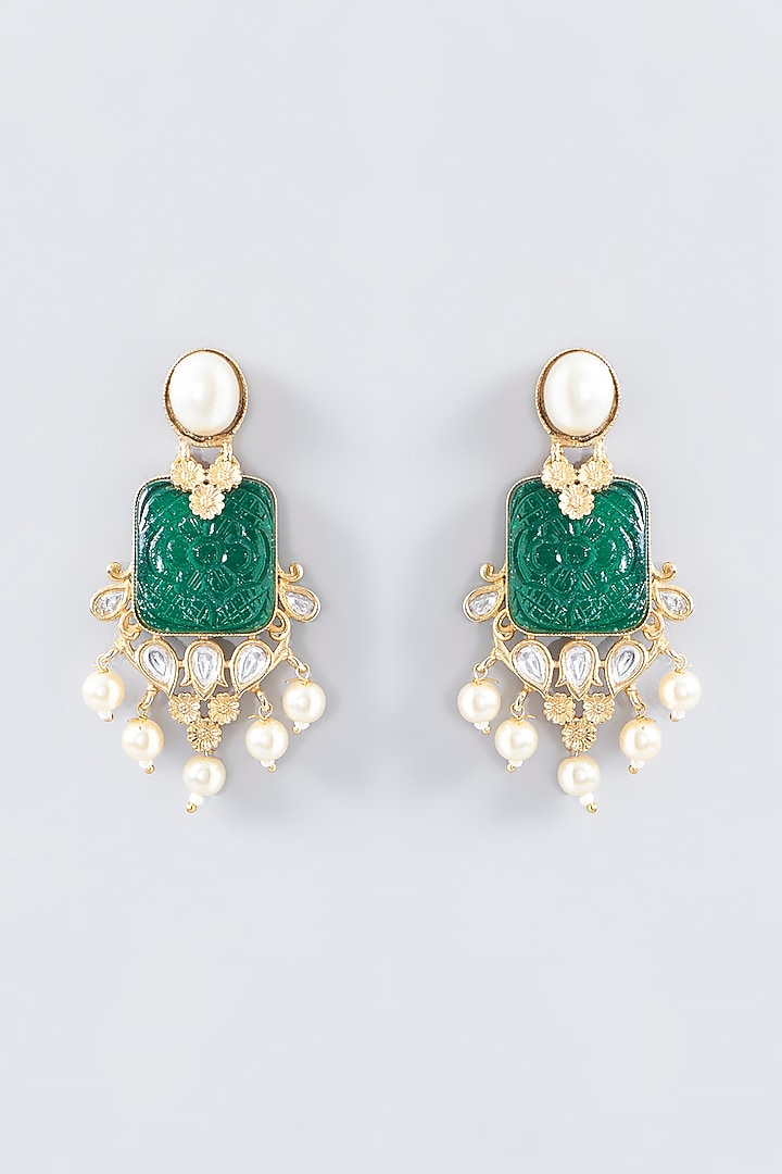 Gold Finish Kundan Polki & Green Stone Dangler Earrings by VASTRAA Jewellery at Pernia's Pop Up Shop