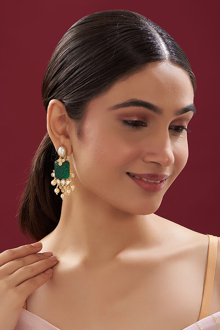 Gold Finish Kundan Polki & Green Stone Dangler Earrings by VASTRAA Jewellery at Pernia's Pop Up Shop