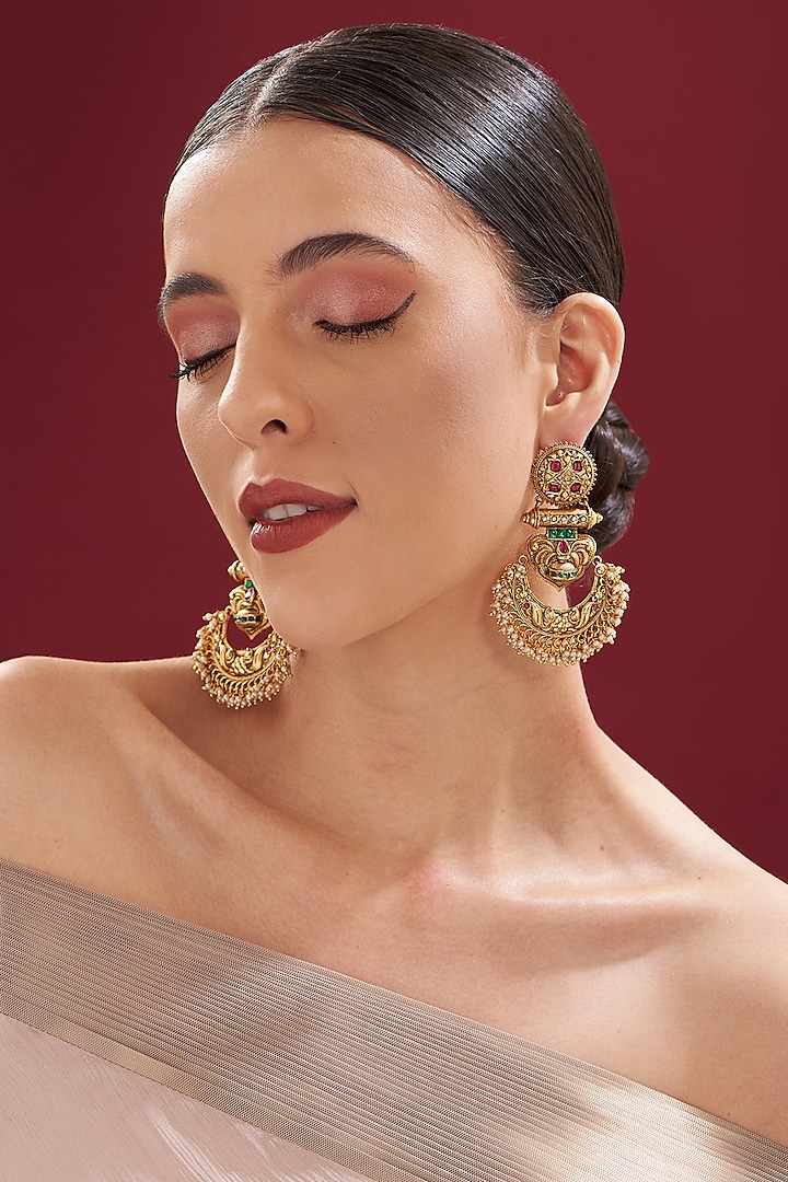 Gold Finish Kundan Polki & Green Stone Temple Chandbali Earrings by VASTRAA Jewellery