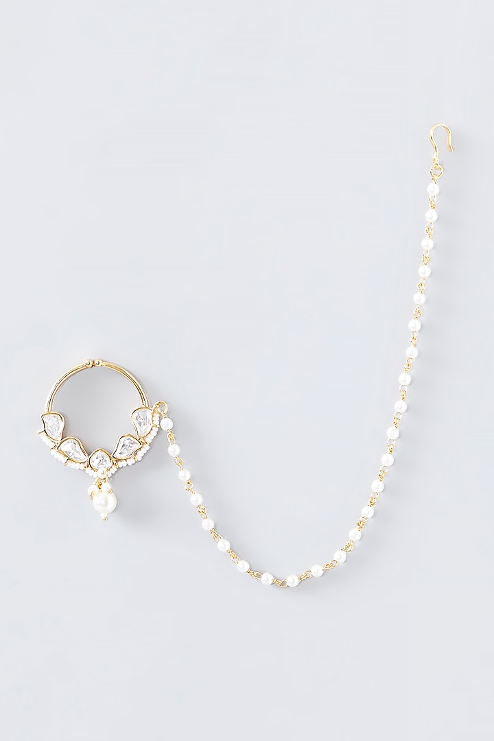 Gold Finish Kundan Polki & Pearl Nose Ring by VASTRAA Jewellery at Pernia's Pop Up Shop