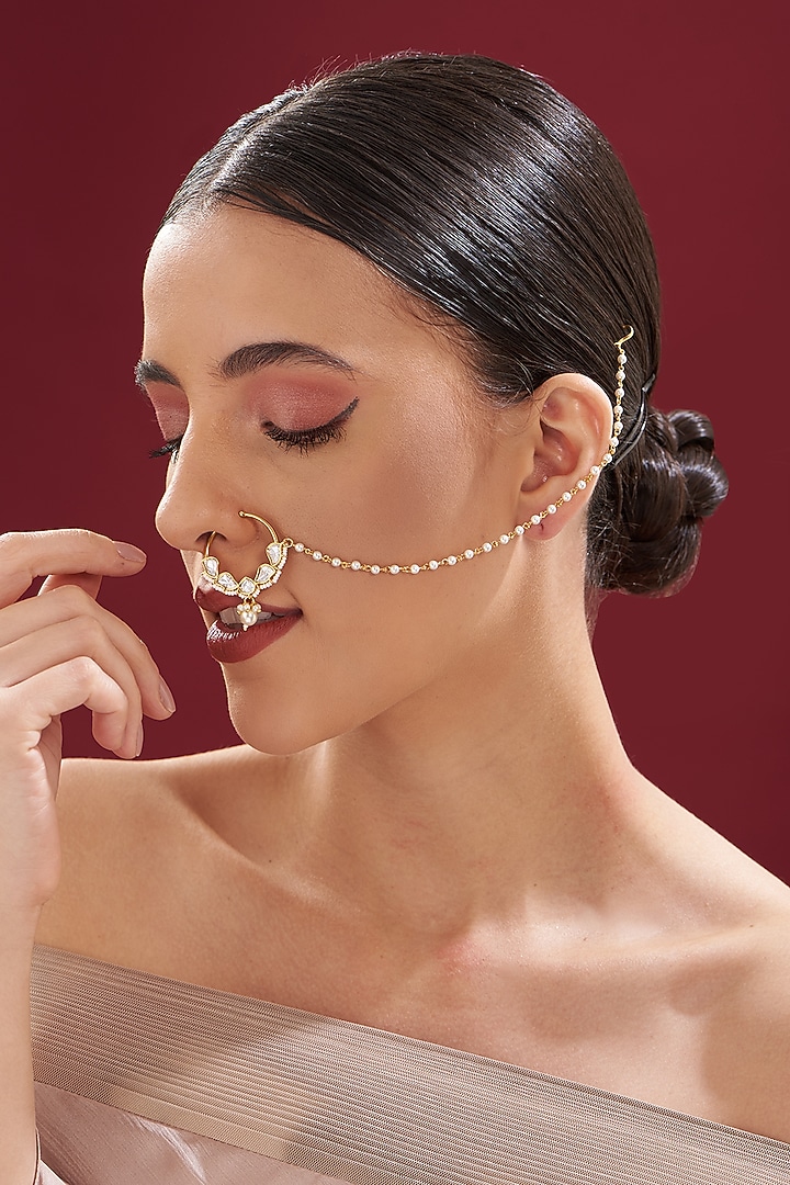 Gold Finish Kundan Polki & Pearl Nose Ring by VASTRAA Jewellery at Pernia's Pop Up Shop