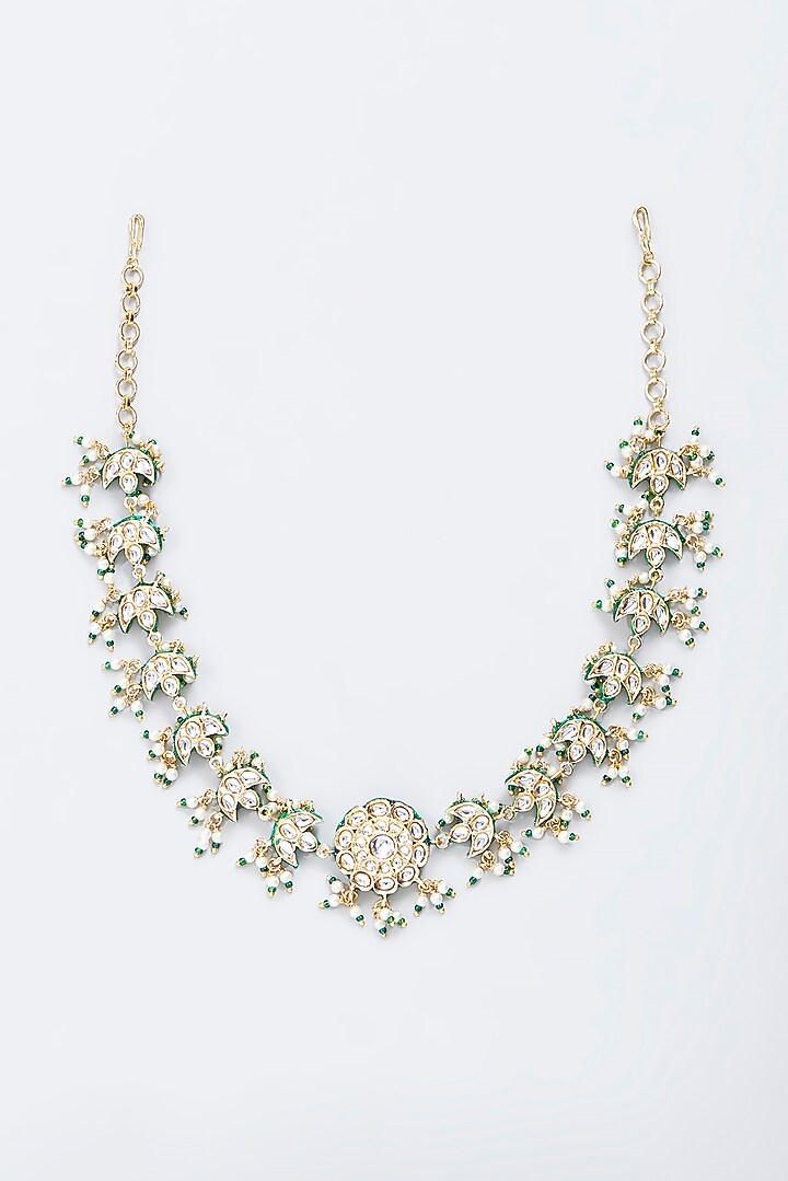 Gold Finish Kundan Polki & Green Beaded Mathapatti by VASTRAA Jewellery at Pernia's Pop Up Shop