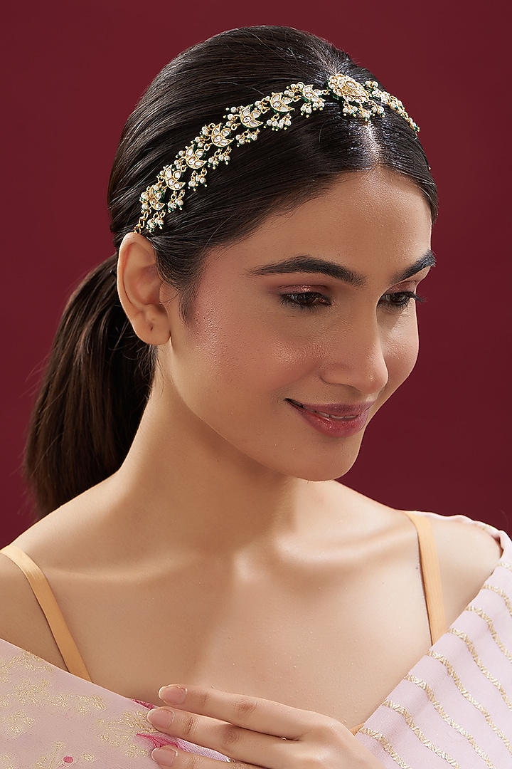 Gold Finish Kundan Polki & Green Beaded Mathapatti by VASTRAA Jewellery at Pernia's Pop Up Shop