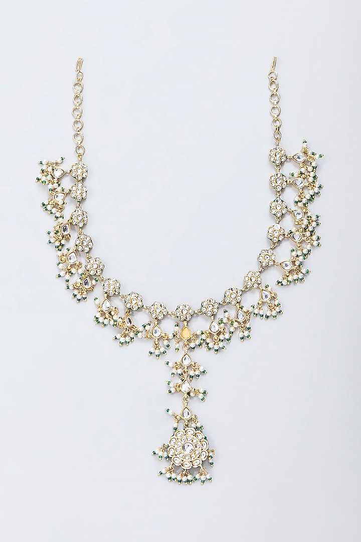 Gold Finish Kundan Polki & Green Beaded Mathapatti by VASTRAA Jewellery at Pernia's Pop Up Shop