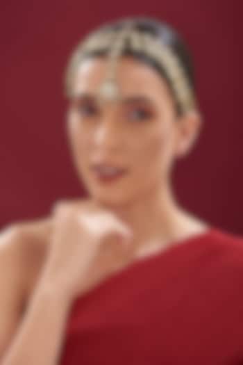 Gold Finish Kundan Polki & Green Beaded Mathapatti by VASTRAA Jewellery at Pernia's Pop Up Shop