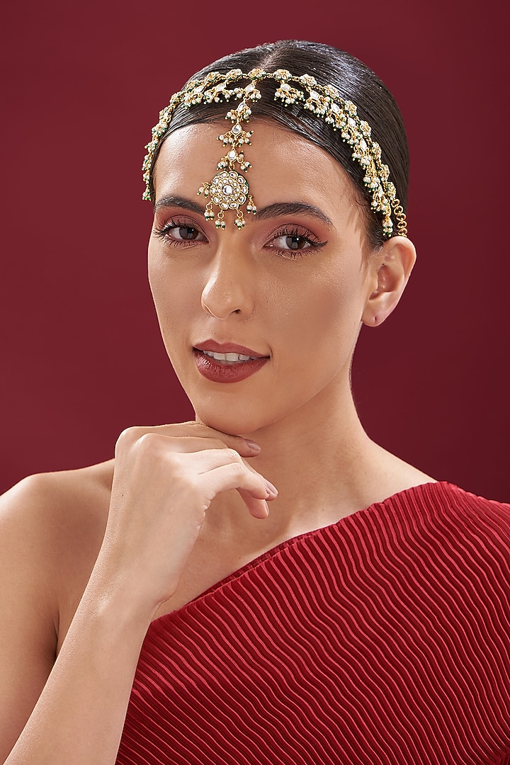 Gold Finish Kundan Polki & Green Beaded Mathapatti by VASTRAA Jewellery at Pernia's Pop Up Shop