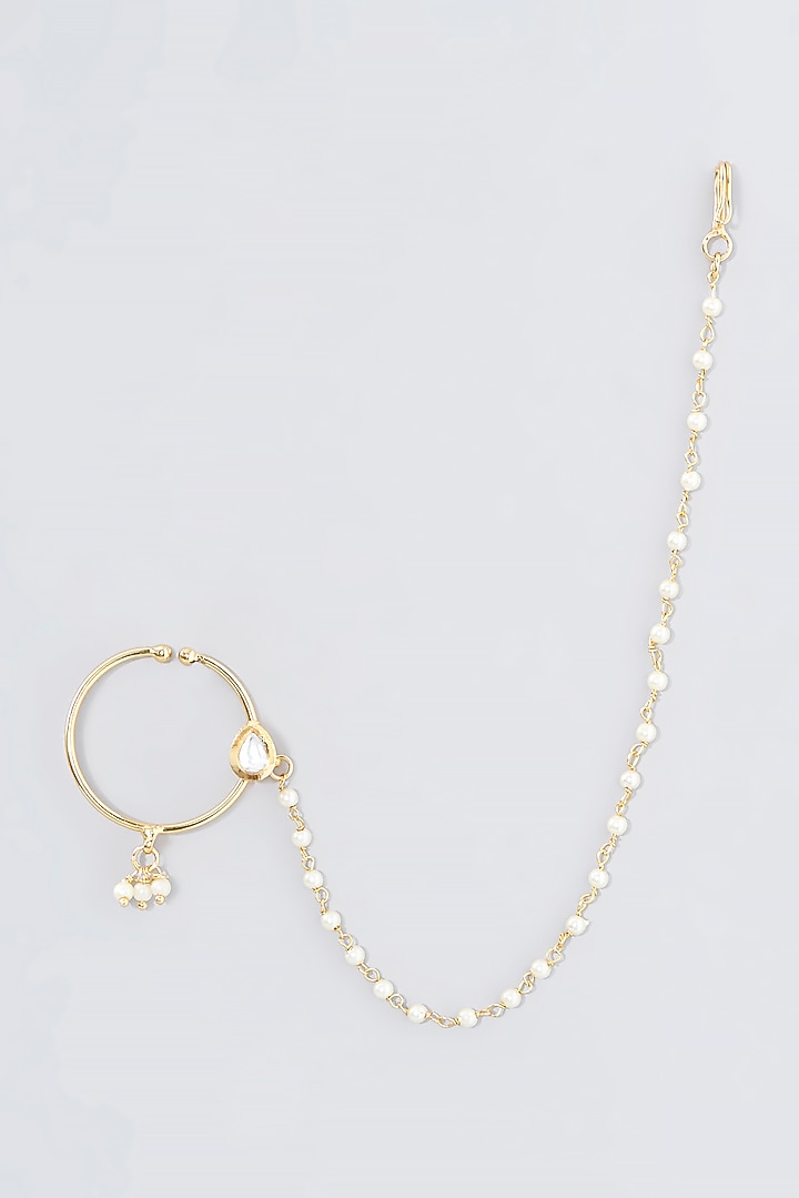 Gold Finish Kundan Polki & Pearl Nose Ring by VASTRAA Jewellery at Pernia's Pop Up Shop
