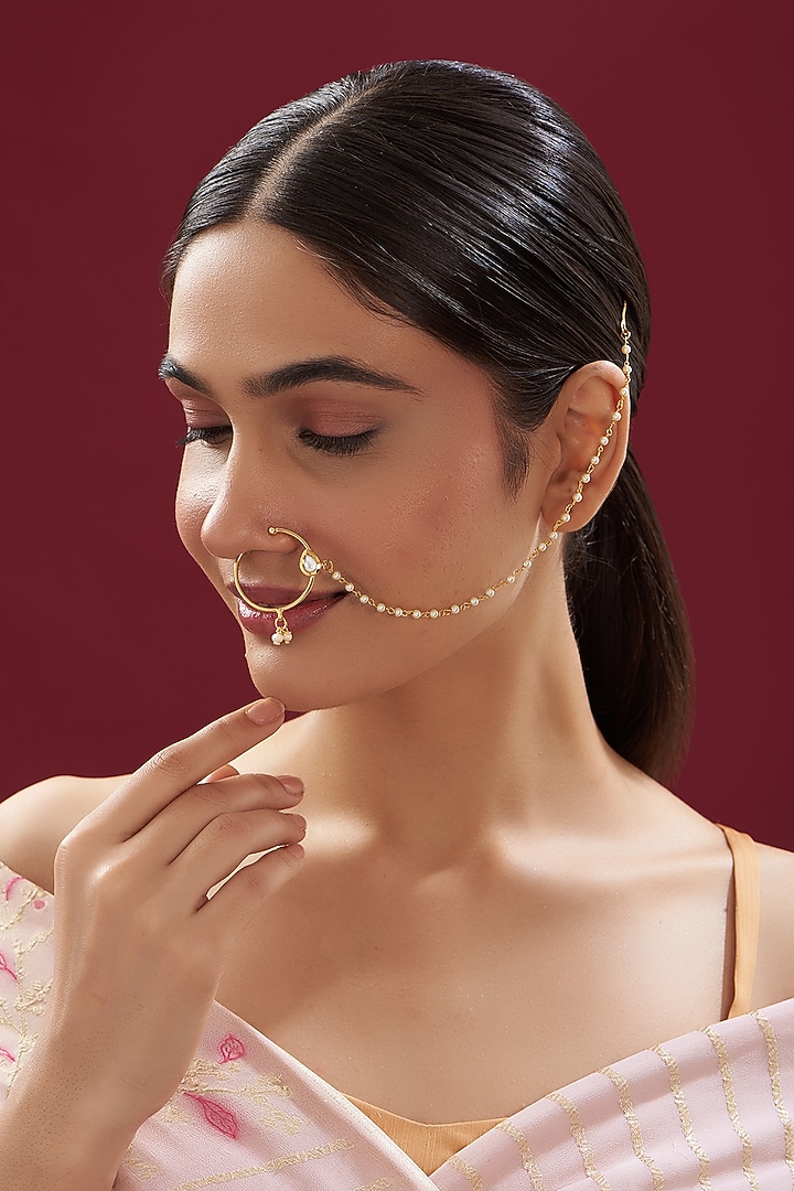 Gold Finish Kundan Polki & Pearl Nose Ring by VASTRAA Jewellery at Pernia's Pop Up Shop