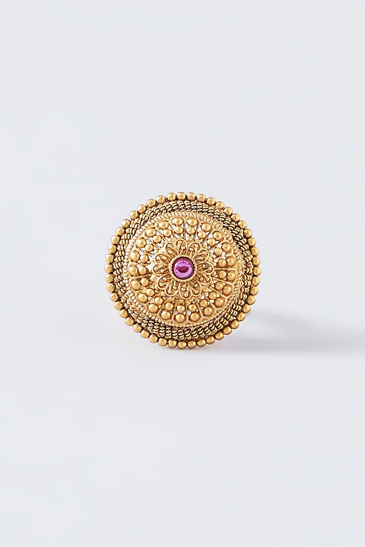Gold Finish Red Synthetic Stone Ring by VASTRAA Jewellery at Pernia's Pop Up Shop