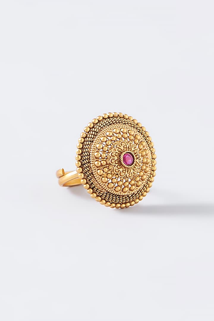 Gold Finish Red Synthetic Stone Ring by VASTRAA Jewellery at Pernia's Pop Up Shop