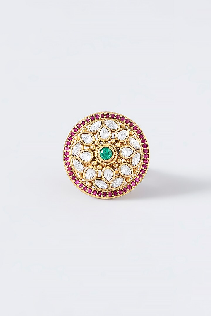 Gold Finish Kundan Polki & Green Synthetic Stone Temple Ring by VASTRAA Jewellery at Pernia's Pop Up Shop