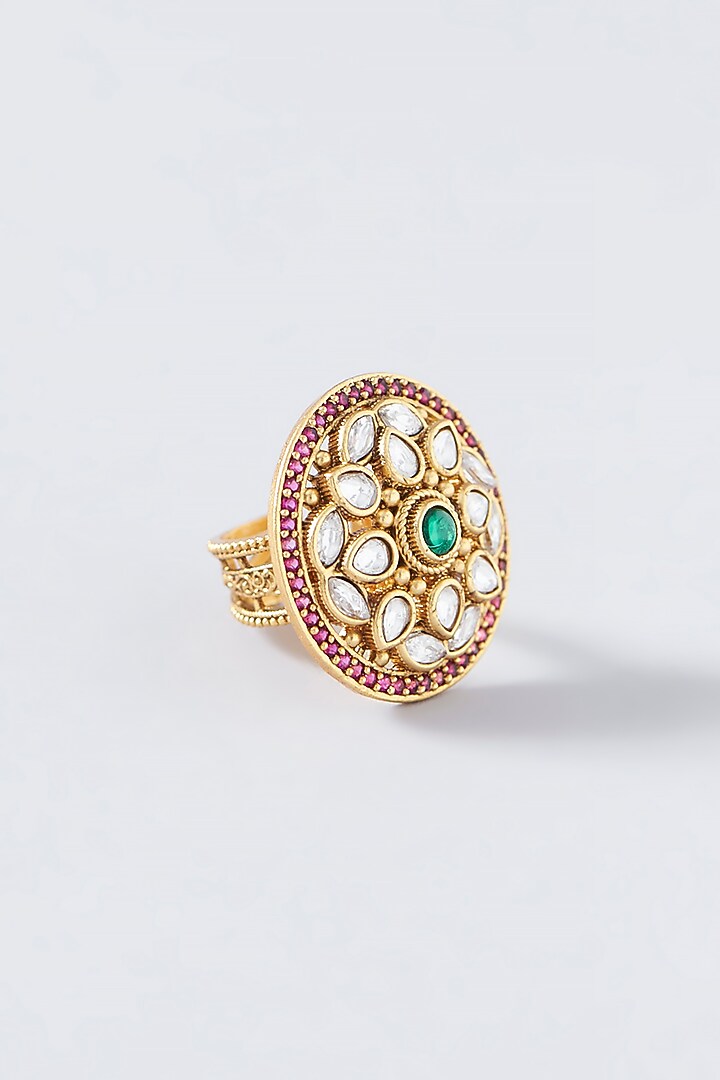 Gold Finish Kundan Polki & Green Synthetic Stone Temple Ring by VASTRAA Jewellery at Pernia's Pop Up Shop