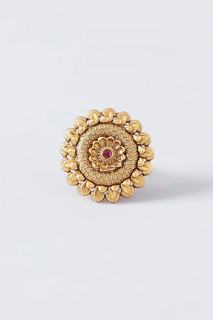 Gold Finish Kundan Polki Temple Ring by VASTRAA Jewellery at Pernia's Pop Up Shop