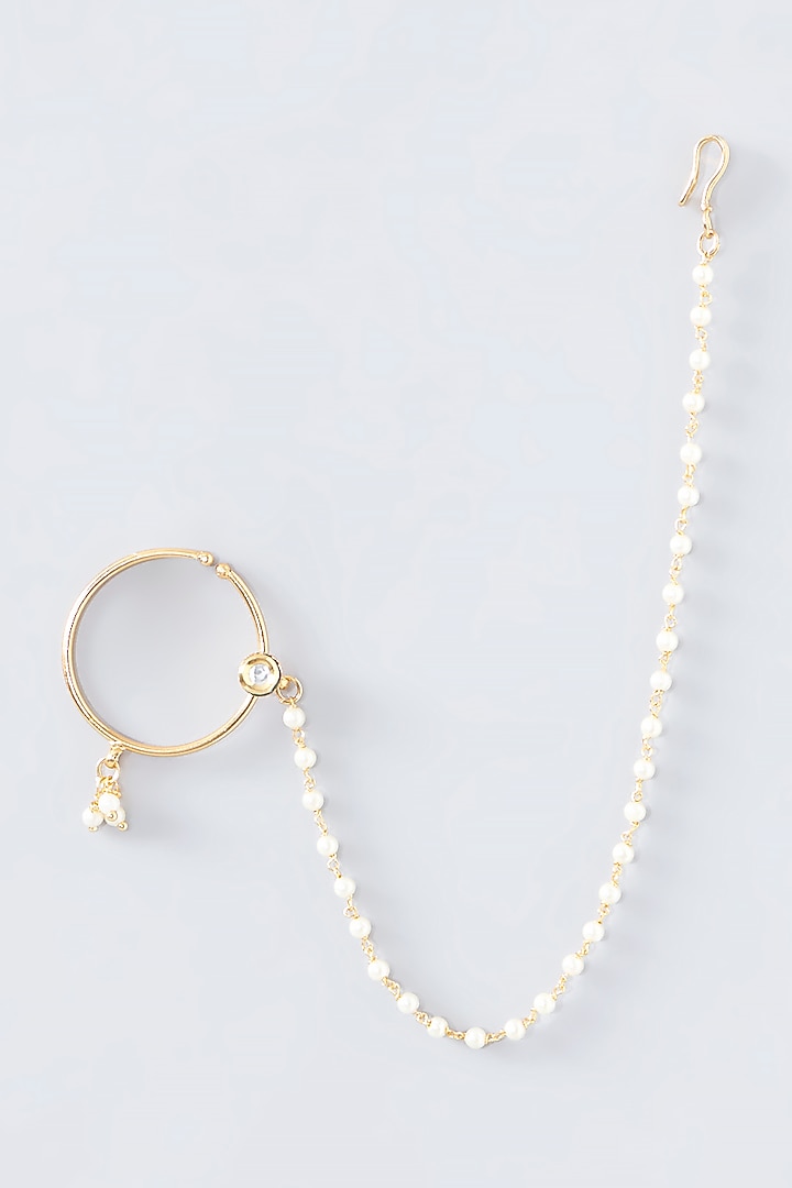 Gold Finish Kundan Polki & Pearl Nose Ring by VASTRAA Jewellery at Pernia's Pop Up Shop
