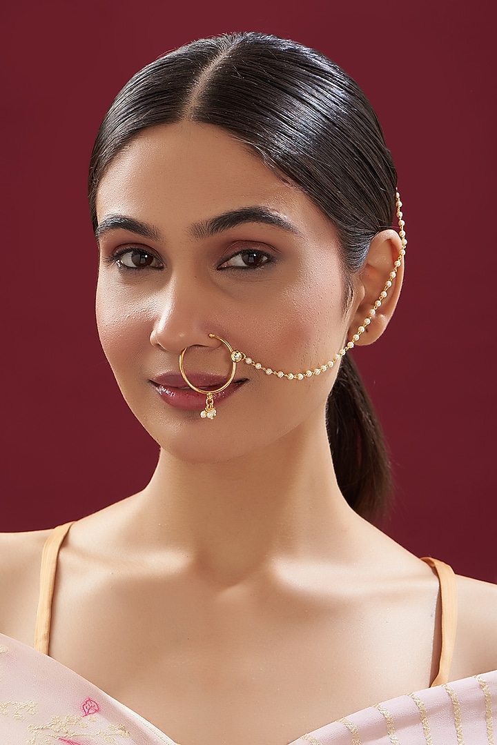 Gold Finish Kundan Polki & Pearl Nose Ring by VASTRAA Jewellery at Pernia's Pop Up Shop