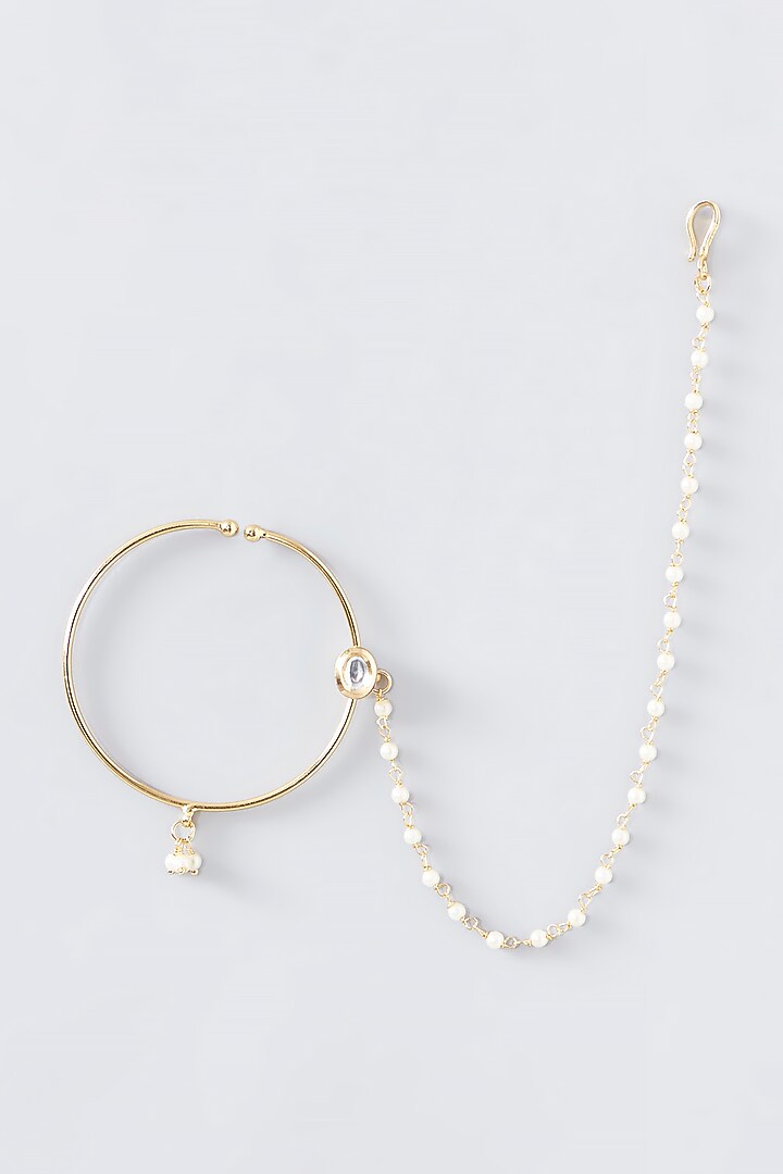 Gold Finish Kundan Polki & Pearl Nose Ring by VASTRAA Jewellery at Pernia's Pop Up Shop