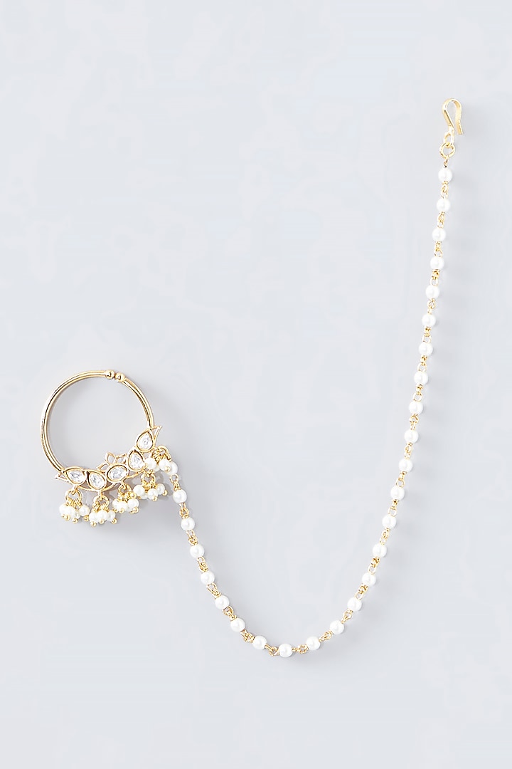 Gold Finish Kundan Polki & Pearl Nose Ring by VASTRAA Jewellery at Pernia's Pop Up Shop