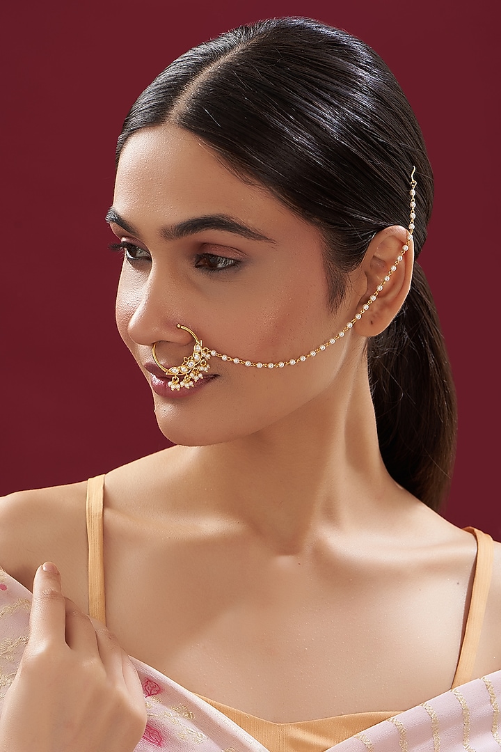 Gold Finish Kundan Polki & Pearl Nose Ring by VASTRAA Jewellery at Pernia's Pop Up Shop