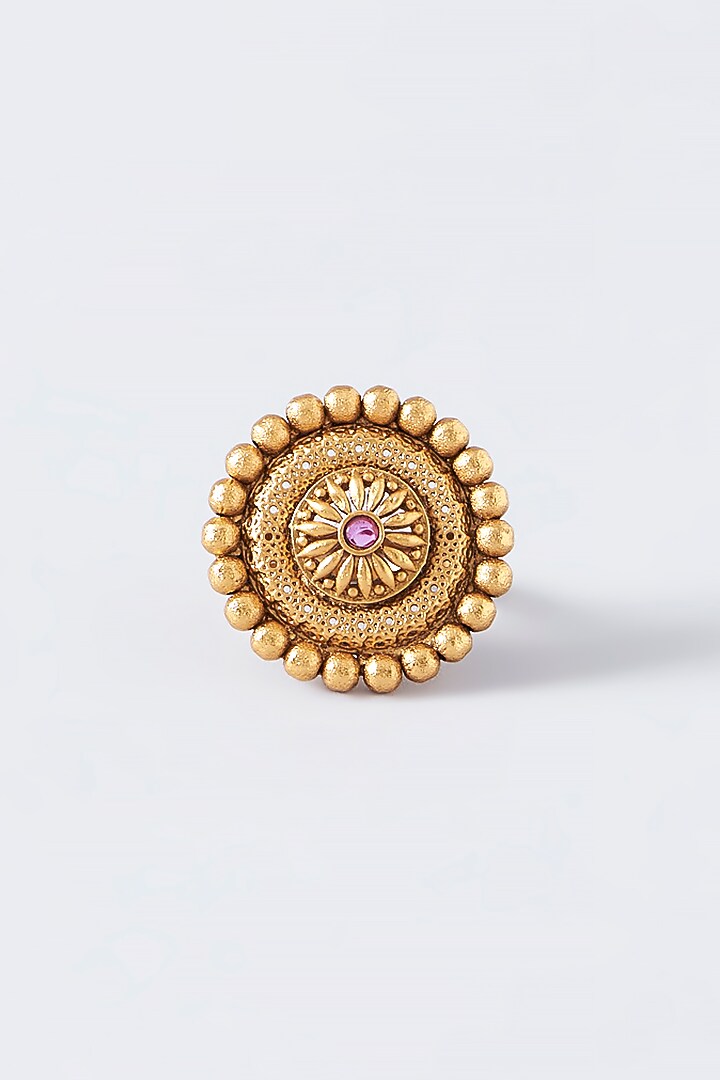 Gold Finish Kundan Polki Temple Ring by VASTRAA Jewellery at Pernia's Pop Up Shop