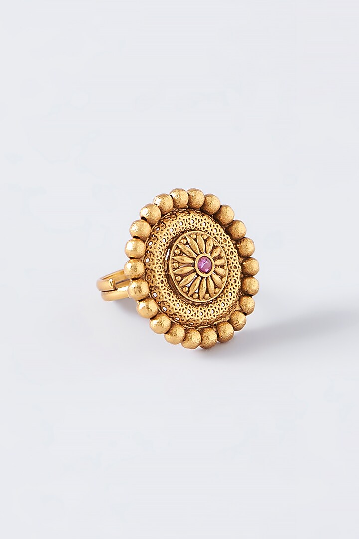 Gold Finish Kundan Polki Temple Ring by VASTRAA Jewellery at Pernia's Pop Up Shop
