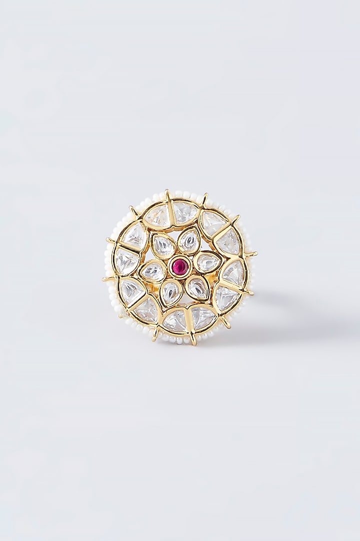 Gold Finish Kundan Polki & Pearl Ring by VASTRAA Jewellery at Pernia's Pop Up Shop