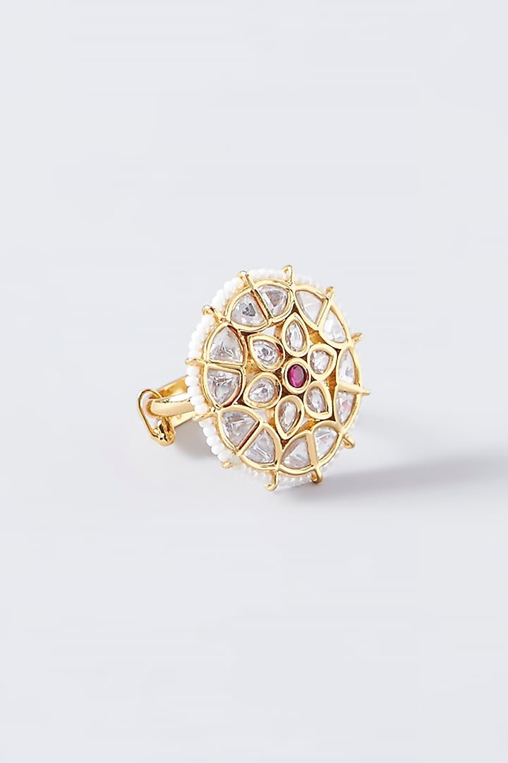 Gold Finish Kundan Polki & Pearl Ring by VASTRAA Jewellery at Pernia's Pop Up Shop