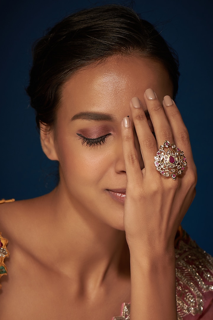 Gold Finish Kundan Polki & Ruby Ring by VASTRAA Jewellery