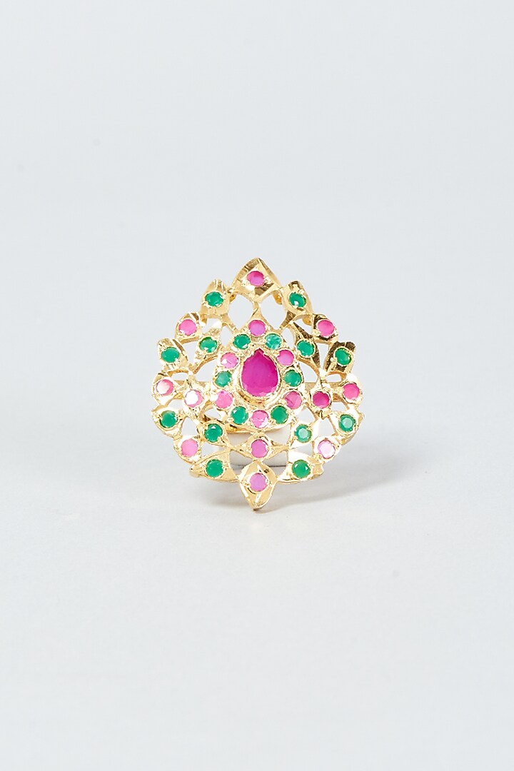Gold Finish Kundan Polki & Multi-Colored Stone Ring by VASTRAA Jewellery at Pernia's Pop Up Shop