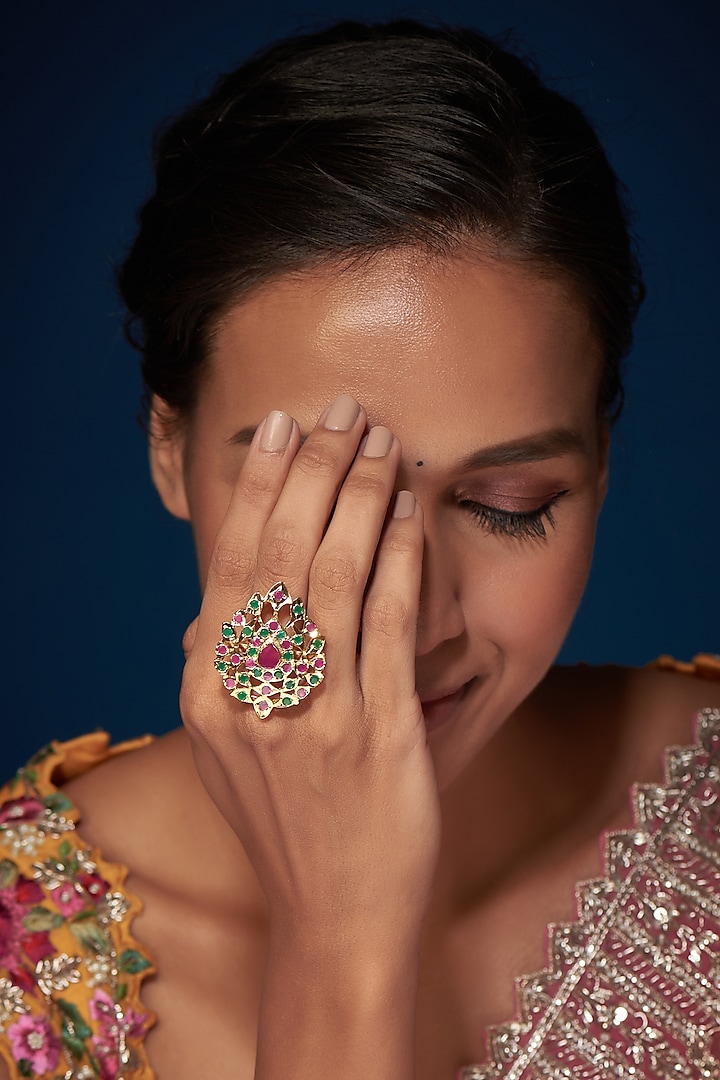 Gold Finish Kundan Polki & Multi-Colored Stone Ring by VASTRAA Jewellery at Pernia's Pop Up Shop