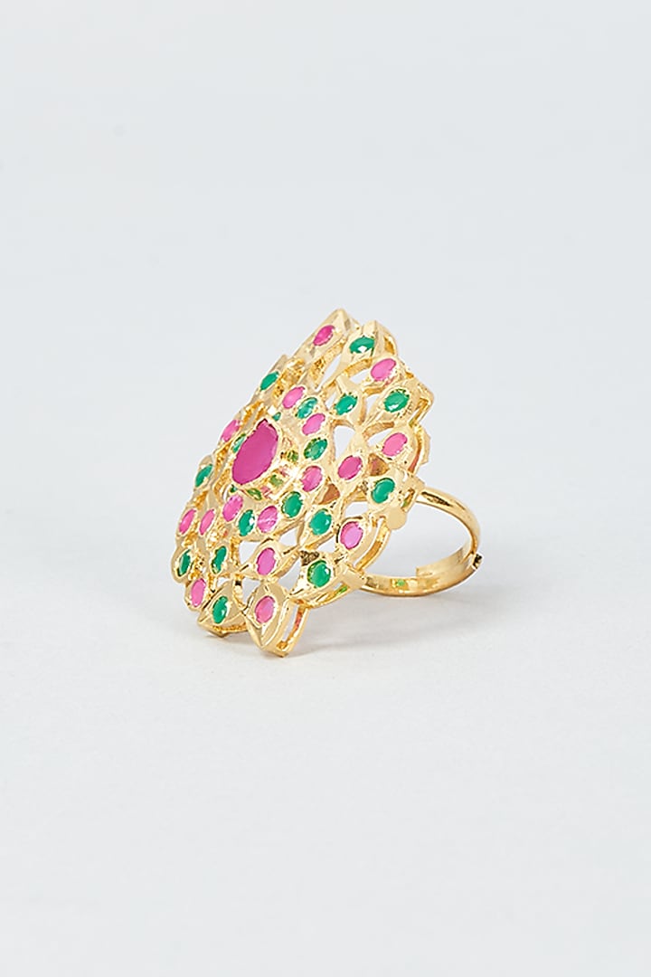 Gold Finish Kundan Polki & Multi-Colored Stone Ring by VASTRAA Jewellery at Pernia's Pop Up Shop