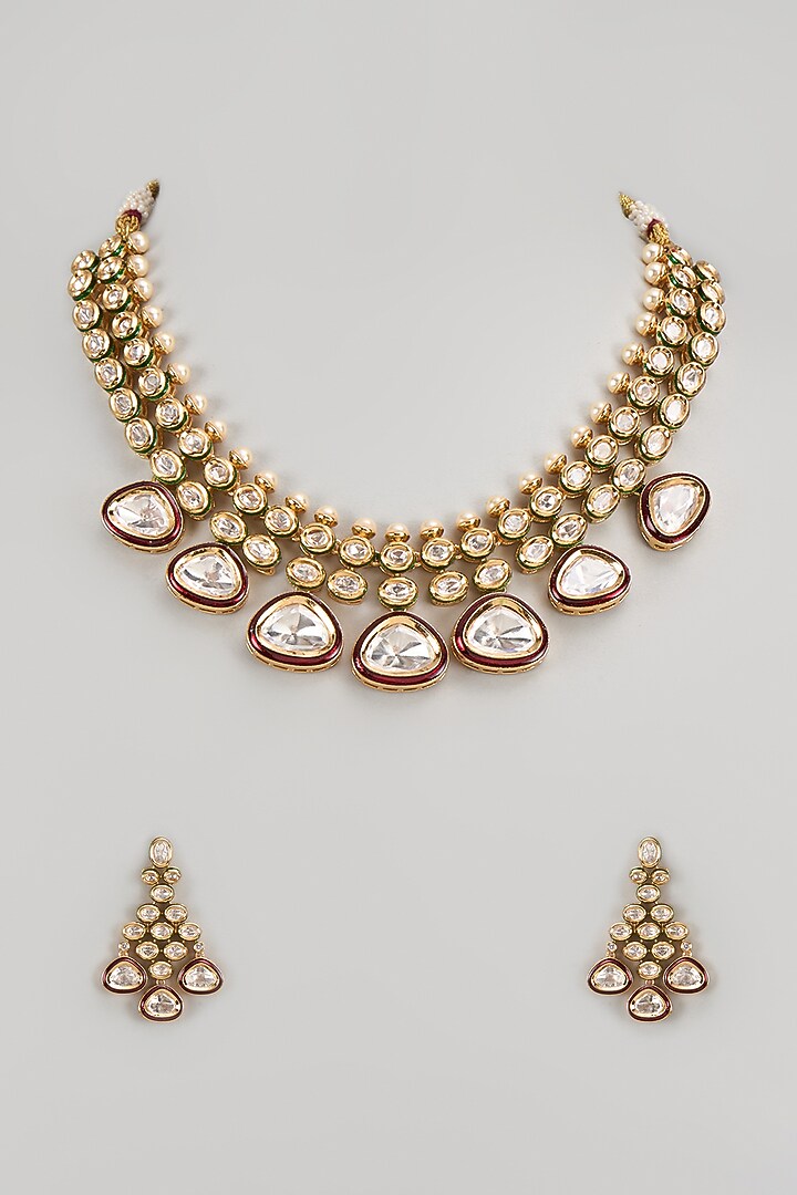 Gold Finish Kundan Polki & Red Stone Necklace Set by VASTRAA Jewellery at Pernia's Pop Up Shop