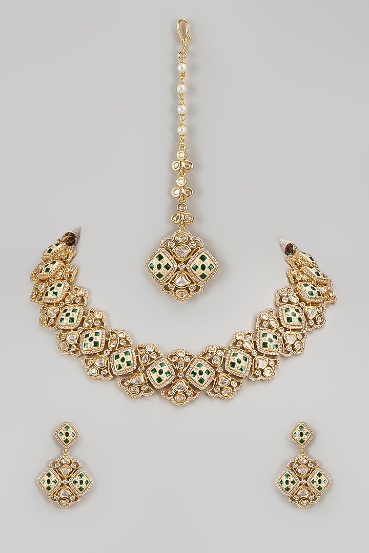 Gold Finish Kundan Polki & Green Stone Necklace Set by VASTRAA Jewellery at Pernia's Pop Up Shop