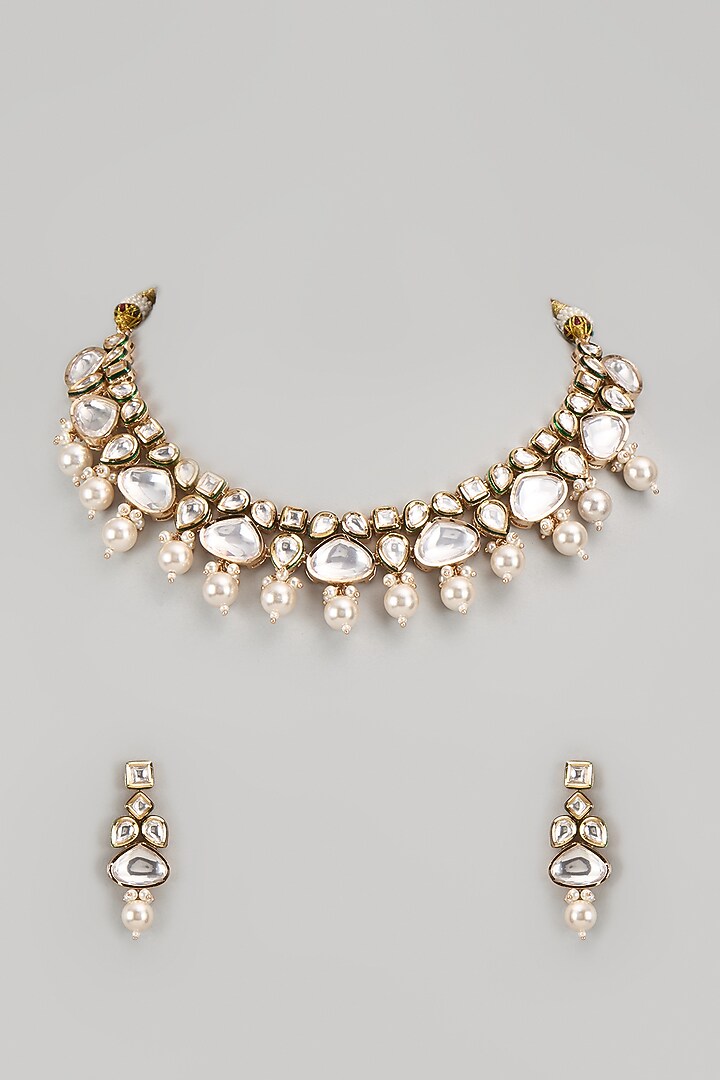 Gold Finish Kundan Polki Necklace Set by VASTRAA Jewellery at Pernia's Pop Up Shop