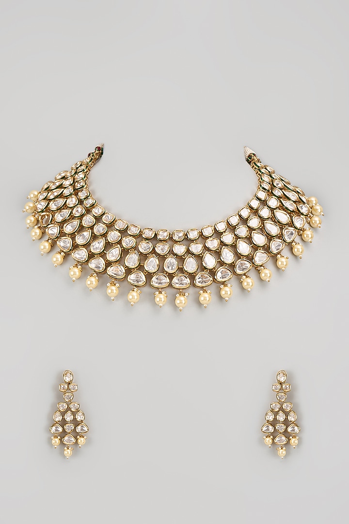 Gold Finish Kundan Polki Necklace Set by VASTRAA Jewellery at Pernia's Pop Up Shop