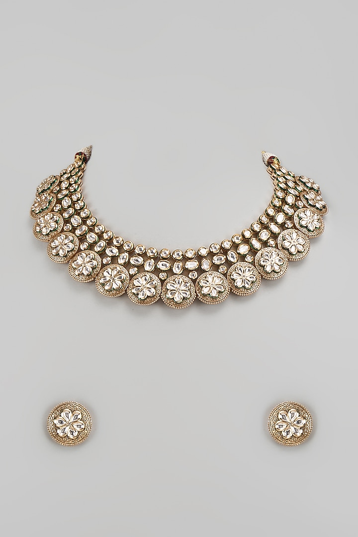 Gold Finish Kundan Polki Necklace Set by VASTRAA Jewellery at Pernia's Pop Up Shop